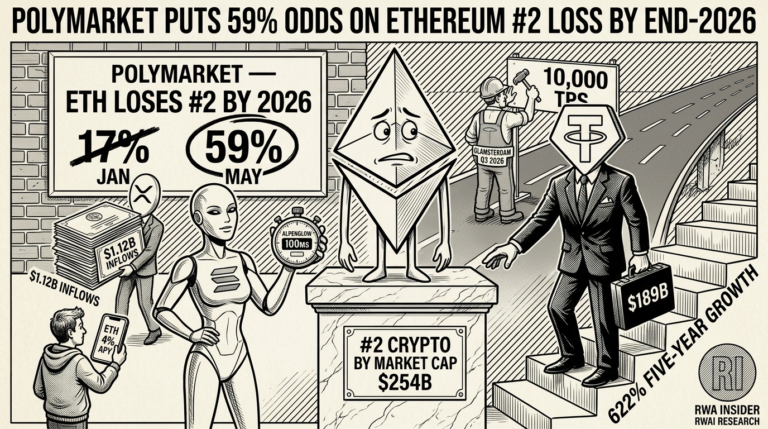 Polymarket odds on Ethereum losing its #2 crypto spot at 59% from 17% in January as Tether closes the market cap gap and Glamsterdam upgrade approaches | RWA Insider