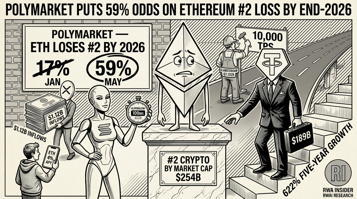 Polymarket odds on Ethereum losing its #2 crypto spot at 59% from 17% in January as Tether closes the market cap gap and Glamsterdam upgrade approaches | RWA Insider