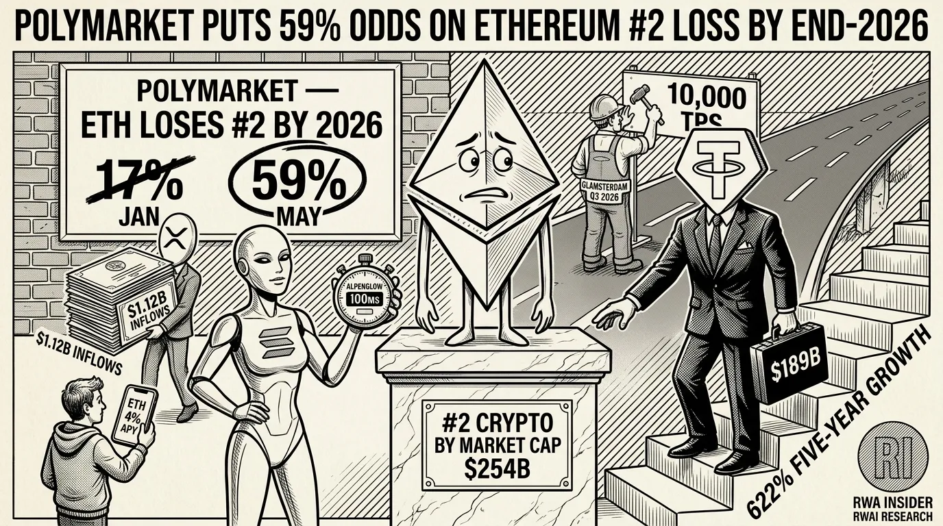 Polymarket odds on Ethereum losing its #2 crypto spot at 59% from 17% in January as Tether closes the market cap gap and Glamsterdam upgrade approaches | RWA Insider