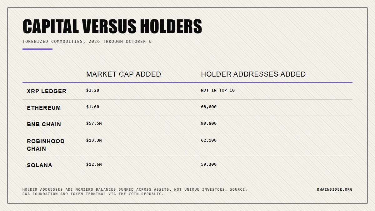 Commodity market cap added versus holder addresses added by chain, XRP Ledger, Ethereum, BNB Chain, Solana | RWA Insider