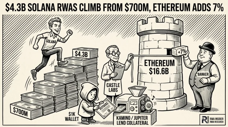 Solana figure climbing a staircase from $700M to $4.3B past a slow Ethereum tower at $16.6B | RWA Insider