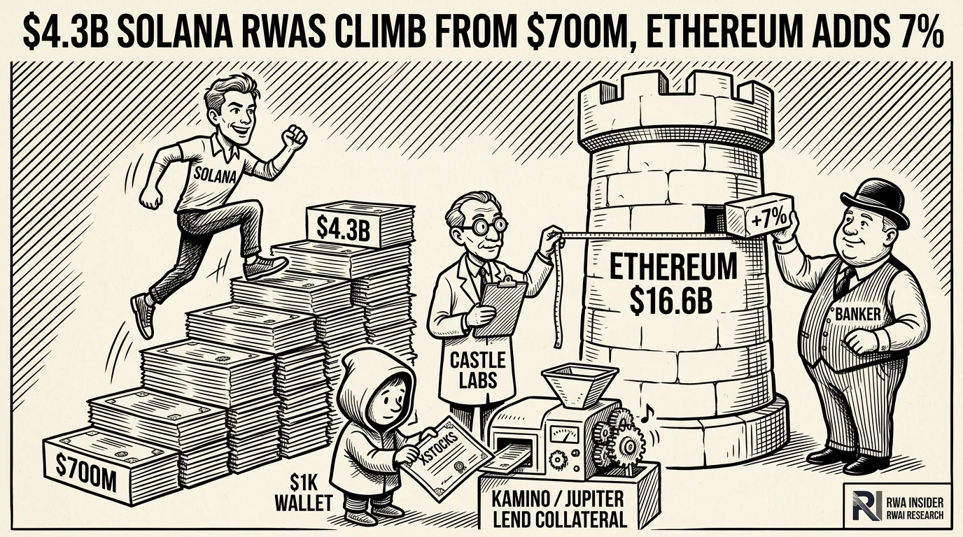 Solana figure climbing a staircase from $700M to $4.3B past a slow Ethereum tower at $16.6B | RWA Insider