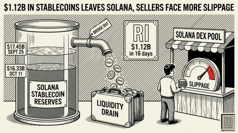 Solana stablecoin reserve tank pours $1.12B out as a DeFi trader checks a slippage gauge | RWA Insider