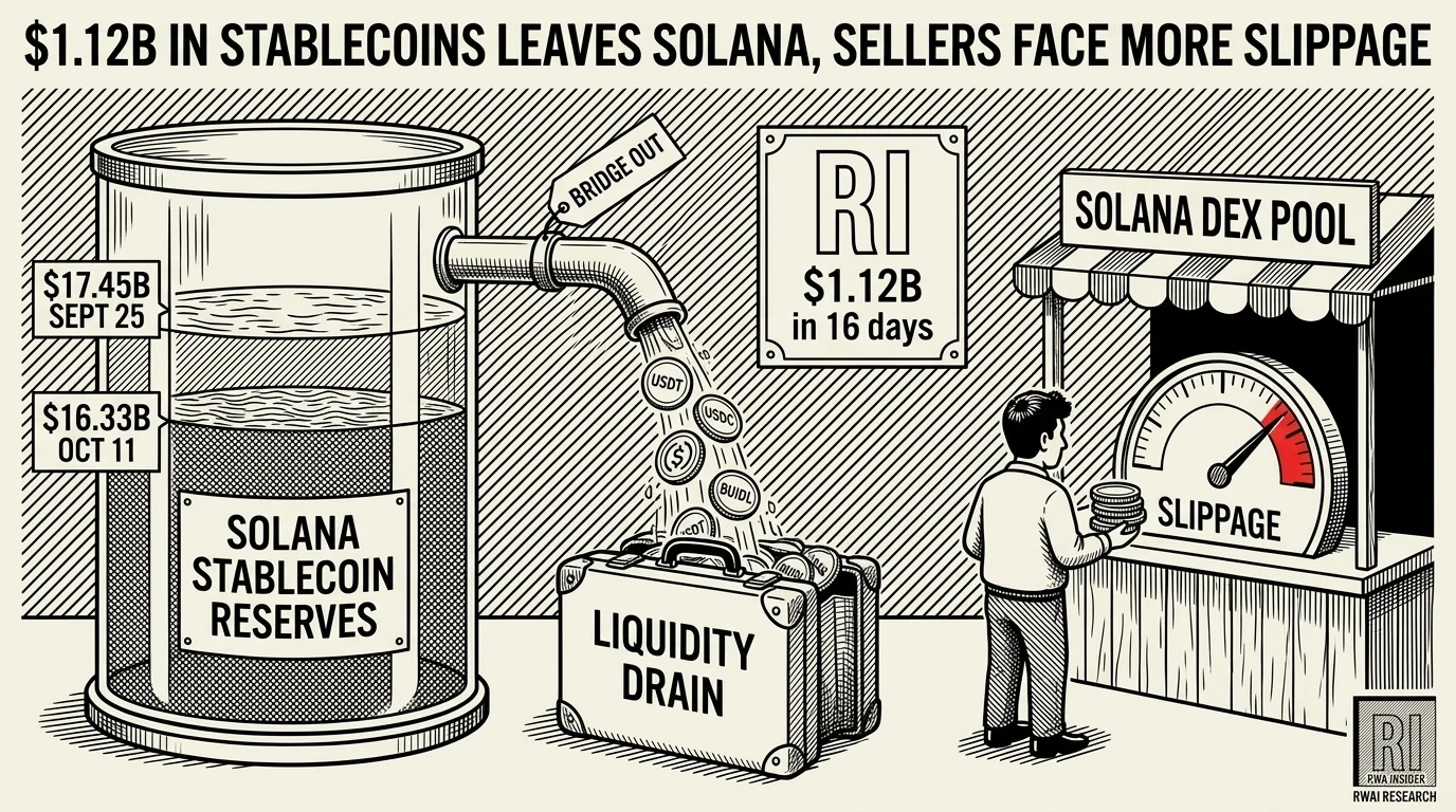 Solana stablecoin reserve tank pours $1.12B out as a DeFi trader checks a slippage gauge | RWA Insider