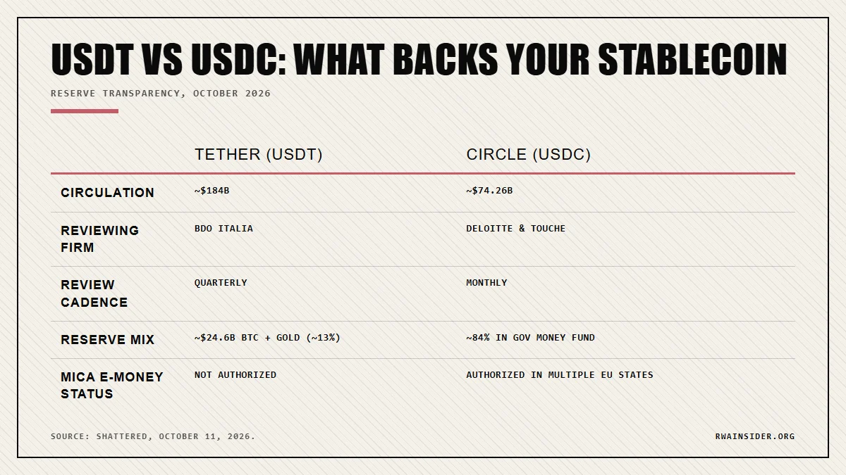 Tether USDT vs Circle USDC reserve transparency: auditor, cadence, Bitcoin and gold exposure, MiCA status | RWA Insider