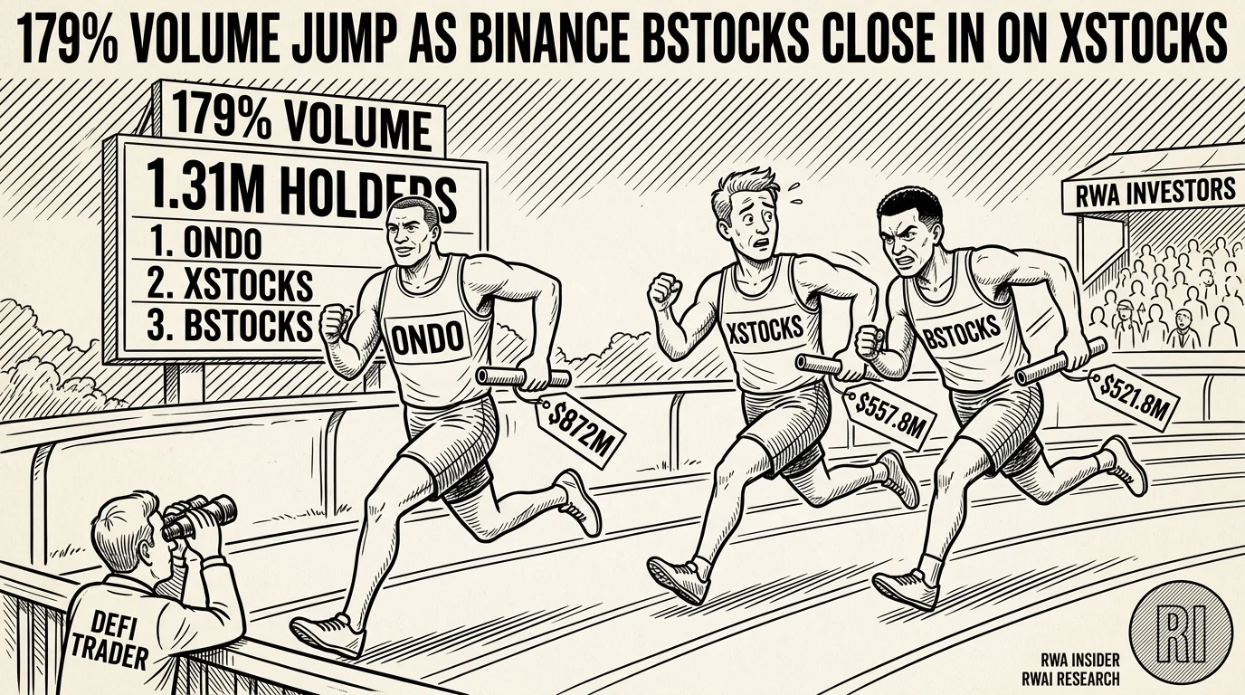 Runners labelled ONDO, XSTOCKS and BSTOCKS race under a 179% volume scoreboard as a $1K wallet watches | RWA Insider