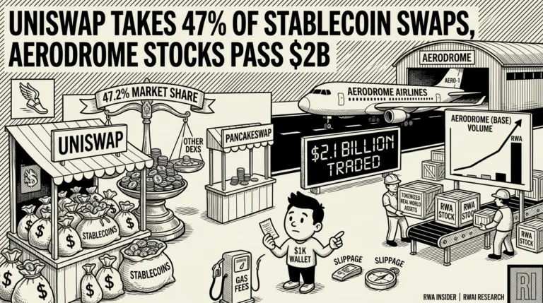 Uniswap stall holds 47.2% of stablecoin swaps as an Aerodrome airfield lands $2B in stock tokens | RWA Insider