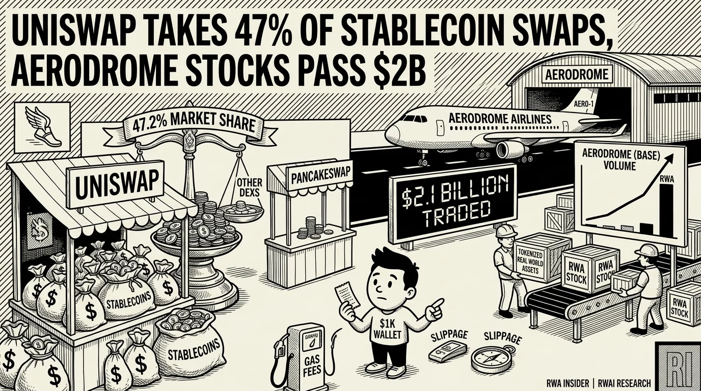 Uniswap stall holds 47.2% of stablecoin swaps as an Aerodrome airfield lands $2B in stock tokens | RWA Insider