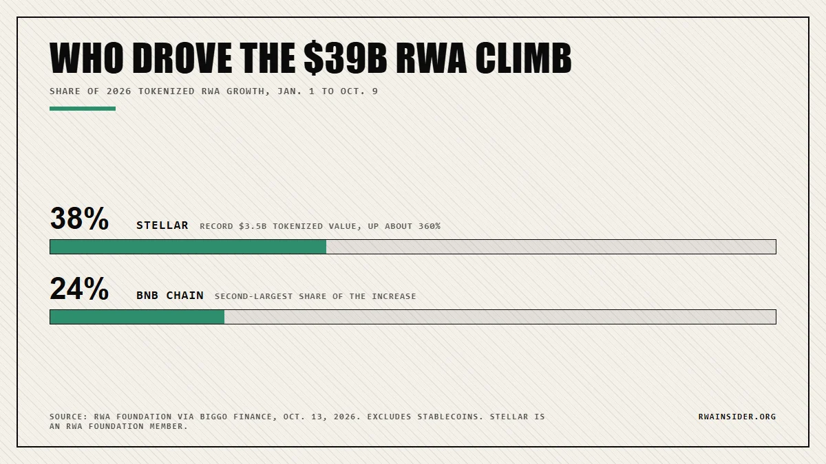 Share of 2026 tokenized RWA growth to $39B: Stellar about 38%, BNB Chain 24%, per the RWA Foundation | RWA Insider