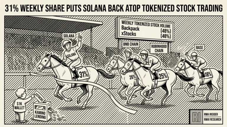 Solana racehorse crossing the finish line first in a tokenized stock volume race against BNB Chain | RWA Insider