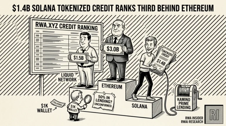 Solana figure on third podium step with tokenized credit certificates wired into a Kamino lending machine | RWA Insider