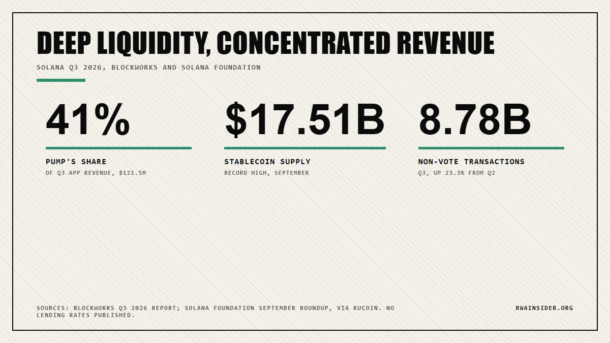 Solana liquidity snapshot: Pump holds 41% of app revenue, stablecoins hit $17.51B, 8.78B Q3 transactions | RWA Insider