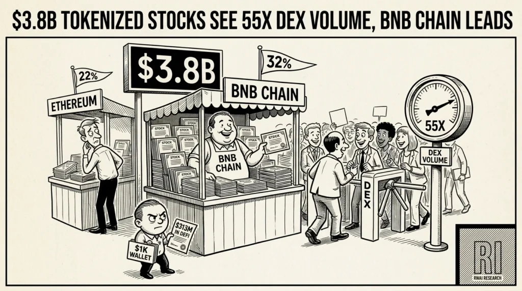 Stock token trading floor where a BNB Chain stall outgrows Ethereum under a $3.8B board as a $1K wallet watches | RWA Insider