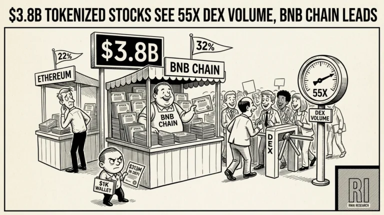 Stock token trading floor where a BNB Chain stall outgrows Ethereum under a $3.8B board as a $1K wallet watches | RWA Insider
