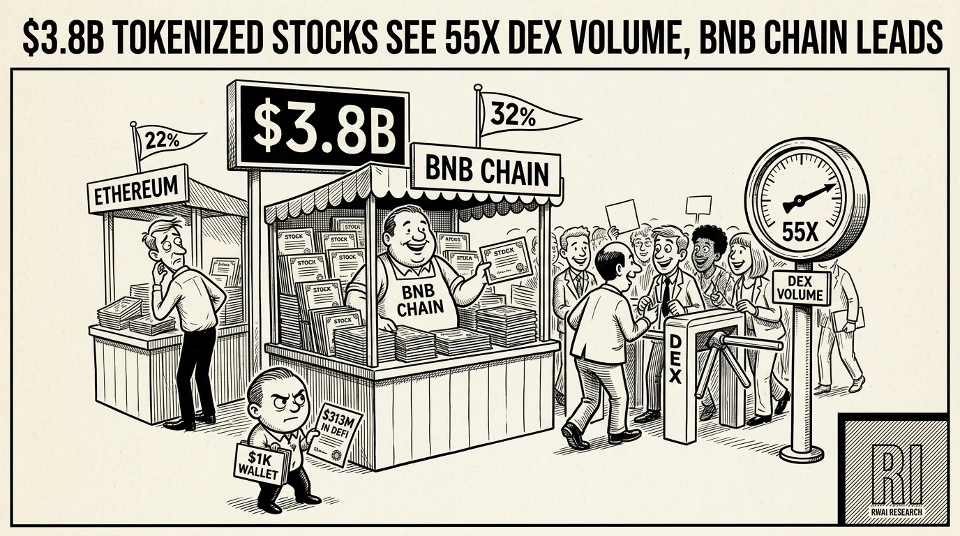 Stock token trading floor where a BNB Chain stall outgrows Ethereum under a $3.8B board as a $1K wallet watches | RWA Insider
