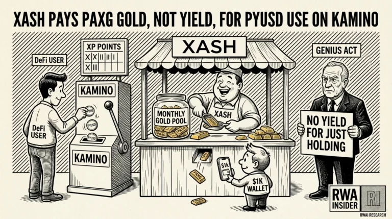 Xash shopkeeper hands PAXG gold to a Solana user feeding PYUSD into a Kamino machine under a GENIUS Act sign | RWA Insider