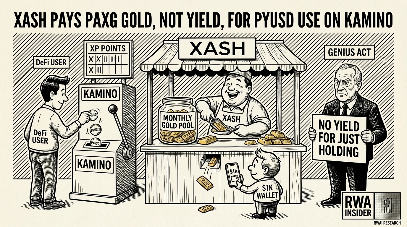 Xash shopkeeper hands PAXG gold to a Solana user feeding PYUSD into a Kamino machine under a GENIUS Act sign | RWA Insider