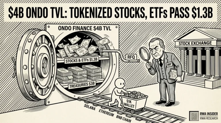 Open Ondo Finance vault with $3B Treasuries and $1.3B stocks shelves as an IMF economist inspects an RFQ pipe | RWA Insider