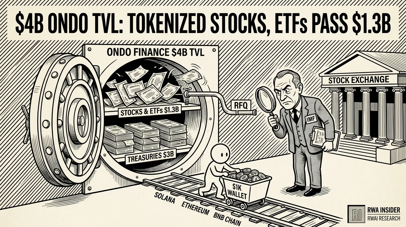 Open Ondo Finance vault with $3B Treasuries and $1.3B stocks shelves as an IMF economist inspects an RFQ pipe | RWA Insider